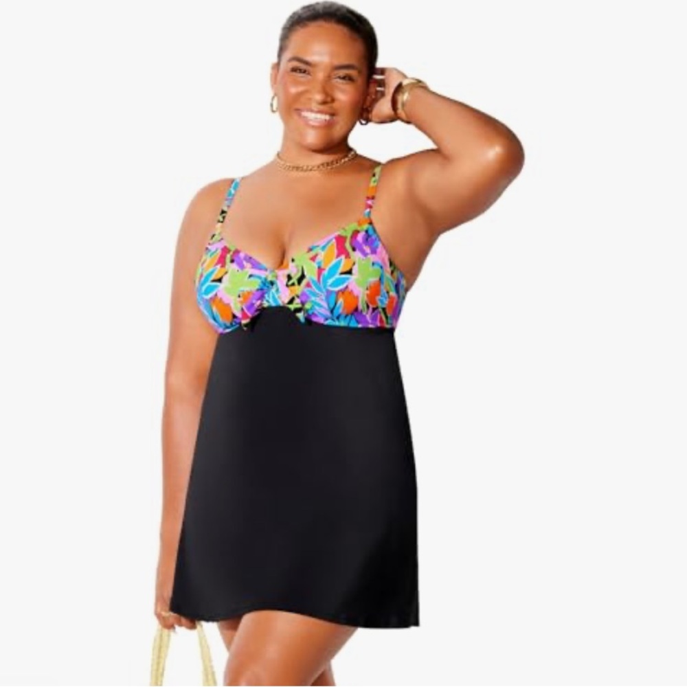 Swimsuits For All Women's Plus Sizs 18 Tie Front Underwire Swimdress